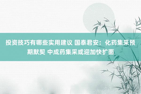 投资技巧有哪些实用建议 国泰君安：化药集采预期默契 中成药集采或迎加快扩面