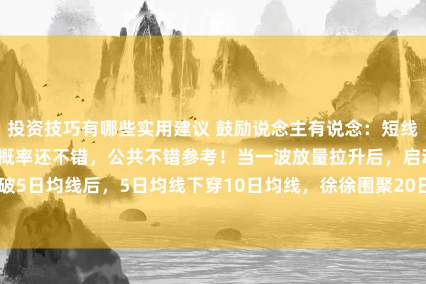 投资技巧有哪些实用建议 鼓励说念主有说念：短线有一种信号我常用，凯旋概率还不错，公共不错参考！当一波放量拉升后，启动缩量回调，股价跌破5日均线后，5日均线下穿10日均线，徐徐围聚20日均线，三条中短期均线（5、10、20）趋于...